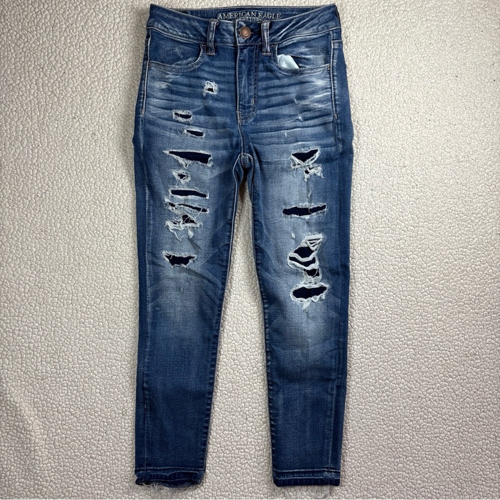 American Eagle Super Stretch Hi-Rise Jegging Women S 2 L Crop‎ Distressed Jeans